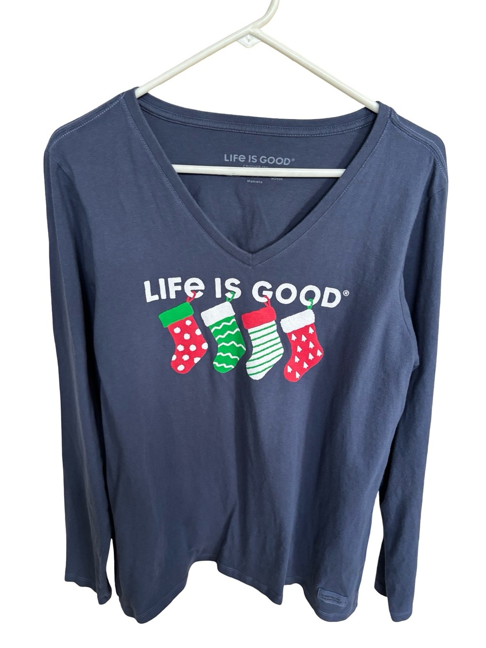 Life Is Good Navy Women’s V-Neck Navy Christmas Stocking Sz M